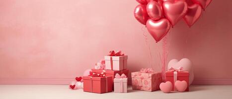 red and pink balloon heart shape in pink studio with gift boxes, photo