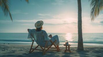 arenoso playa con mujer y azul mar como fondo, generativo ai foto