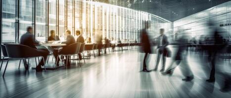 Blurred business man walk fast movement in modern office with business people meeting on table background, photo