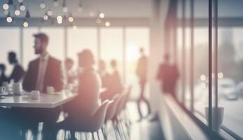 blurred business people in white glass office background, photo