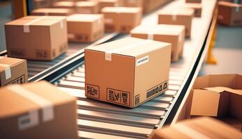 carton boxes on conveyor belt, warehouse for product storage and logistics, generative ai photo