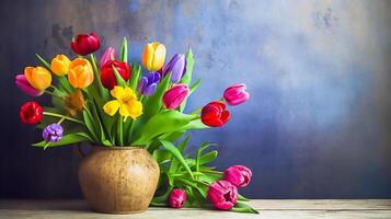 Still life with colorful tulips with cement wall background, photo