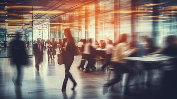 blured negocio personas caminando con rápido movimiento en oficina y personas reunión en mesa, generativo ai foto