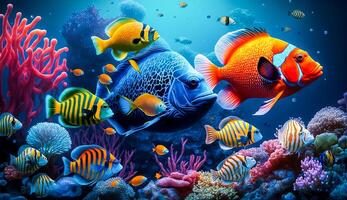 grupo de vistoso pescado y mar animales con vistoso coral submarino en océano, generativo ai foto