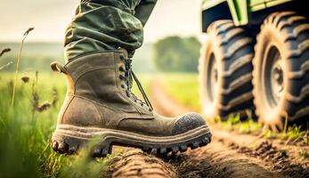 de cerca de un agricultores pies en caucho botas caminando en campo verde plantas con agrícola vehículo fondo, generativo ai foto