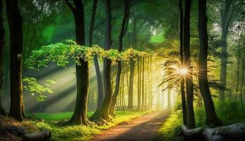 green forest with beautiful rays of sunlight, Forest landscape, Generative ai photo