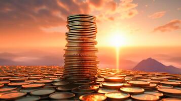 Stacked of coin money tall as towers in sun rise, financial business concept, photo