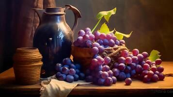 Still life grapes on a basket with jug earthenware, photo