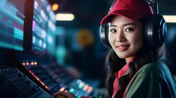 Portrait of an Asian female engineer in uniform working in a professional factory, photo
