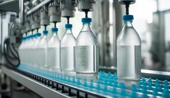 Line of bottling beverages in plastic bottles on clean light factory, photo