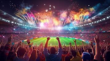 view inside soccer stadium with Fans on stadium game and audiences people celebration, . photo