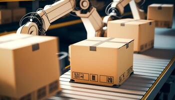 Robotic Arms working with Carton boxes on Conveyor belt in Warehouse for product storage and logistics, photo