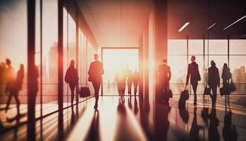 Crowd of business people walking in modern office fast moving, photo