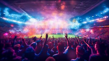 View inside soccer stadium with Fans on stadium game and audiences people celebration with spotlight colorful lighting background, photo