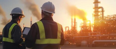 ingenieros en uniforme caminar y participación tableta comprobación en petróleo refinería campo en mañana, generativo ai foto