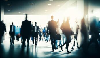 Crowd of business people walking in office fast moving, photo