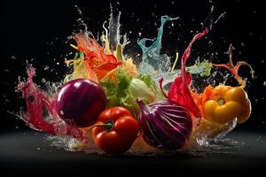 volador frutas y vegetales salpicaduras en a claro agua en oscuro antecedentes. Fresco sano comida concepto. generativo ai. foto