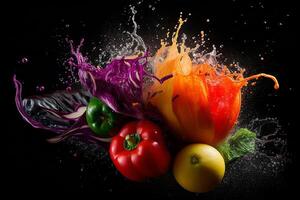 Flying fruits and vegetables splashes in to clear water on dark background. Fresh healthy food concept. . photo