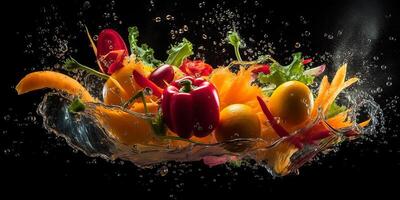 Flying fruits and vegetables splashes in to clear water on dark background. Fresh healthy food concept. . photo