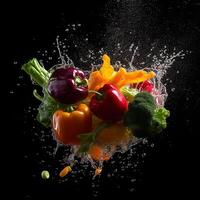 Flying fruits and vegetables splashes in to clear water on dark background. Fresh healthy food concept. . photo