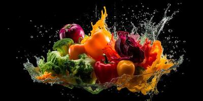 Flying fruits and vegetables splashes in to clear water on dark background. Fresh healthy food concept. . photo