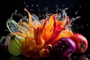 Flying fruits and vegetables splashes in to clear water on dark background. Fresh healthy food concept. . photo