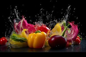 Flying fruits and vegetables splashes in to clear water on dark background. Fresh healthy food concept. . photo