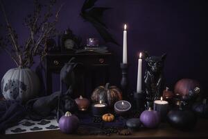 Halloween rustic ornament flatlay composition. Halloween decor on purple background. . photo