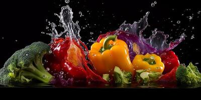 Flying fruits and vegetables splashes in to clear water on dark background. Fresh healthy food concept. . photo