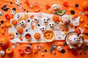Halloween rustic ornament flatlay composition. Halloween decor on orange background. . photo