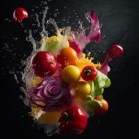 Flying fruits and vegetables splashes in to clear water on dark background. Fresh healthy food concept. . photo