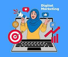 digital márketing ilustración, un mujer vistiendo un hijab es promoviendo con un megáfono vector