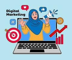 digital márketing ilustración, un mujer vistiendo un hijab es promoviendo con un megáfono vector