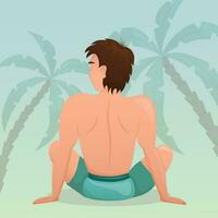 Young guy is sitting on the beach against backdrop of palm trees. Man on the beach - view from the back. Flat vector illustration.