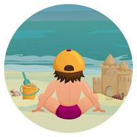 Kid on the beach built sand castle. Little boy sits on the beach. Back view. Vector illustration. Cartoon.