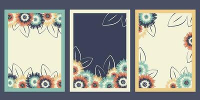 Set of floral greeting cards with copy space for text. Flower backgrounds with plants, wildflowers, leaf silhouettes. Vector illustration for banners, posters, greeting template, print