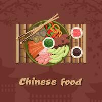 Chinese food.Tradition asian dish closeup. Shiitake mushrooms, meat, pepper, vegetables, noodle, sauce, vassabi. Vector illustration for restaurant menu, banner, meat presentation, cooking concept