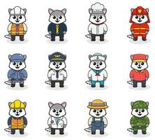 Vector set of cute Wolf with different professions. Cartoon cute Wolf dressed in different occupation uniform. Vector characters with jobs different occupation.