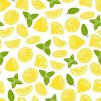 sin costura modelo con limones y menta. vector antecedentes con mano dibujado agrios frutas para envase papel, textil, imprimir, tarjeta