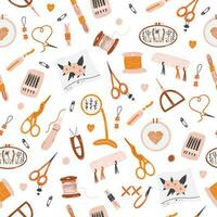 Seamless pattern with needlework tools as scissors, needles, threads, hoops, floss, bobbins. Concept of sewing, embroidery, handicraft, hobby vector