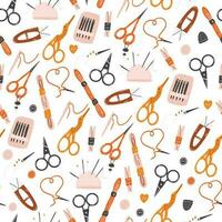 Seamless pattern with tools for embroidery, sewing, needlework. Hand drawn flat vector background with scissors, pincushion, floss, bobbins, needles