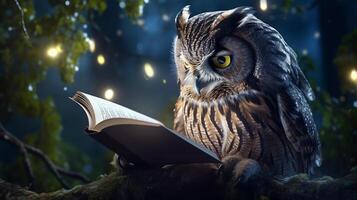 búho leyendo libro en árbol a noche, aprendizaje y conocimiento concepto, generativo ai foto