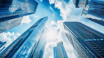 moderno rascacielos, negocio oficina edificios con azul cielo, ai generativo foto