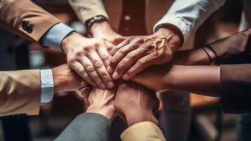 Stack of hands showing unity and teamwork concept, Business team standing hands together, photo