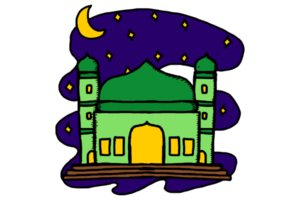 Ramadhan Item Design - Mosque with a Starry Night Sky and Crescent Moon in the background png