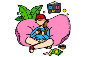 uma menina sentado relaxante enquanto jogando Smartphone png