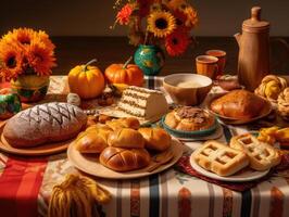 Food party on decorated table for festa junina celebration. Brazilian food for celebrating June feast. food background illustration photo