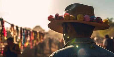 people wearing farmer hat celebrating festa junina. silhouette crowd of people celebrate festas juninas. colorful garland june brazilian festival. sao joao. illustration photo