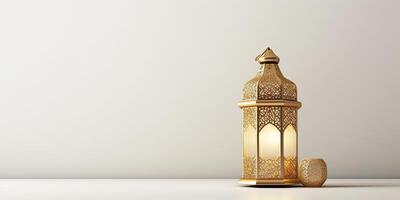 Realistic modern Islamic holiday banner for eid al adha. eid al fitr white background. Golden lantern decoration with space for text. illustration. photo