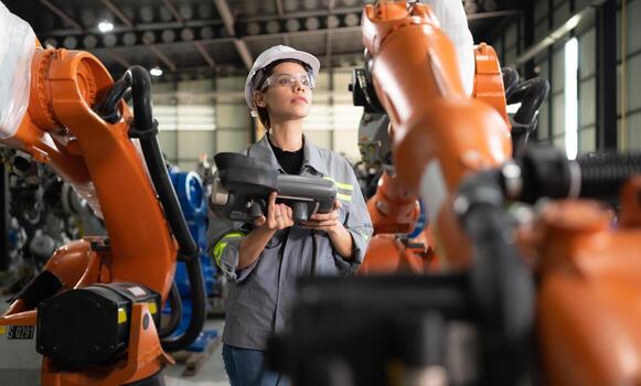 después instalando un programa en el robótico brazo, un hembra ingeniero con un robótico brazo controlador realiza un prueba correr. foto